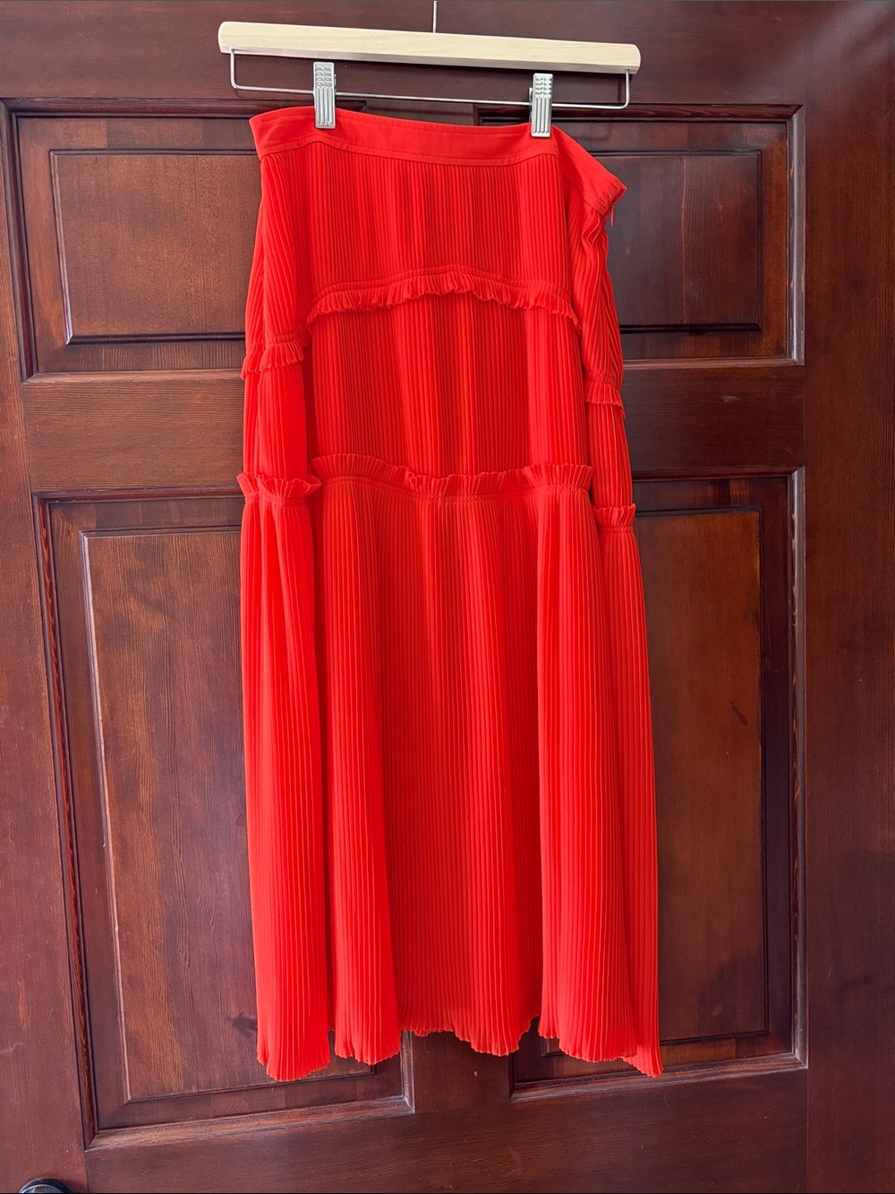Tory Burch Orange Red Pleated Tiered Midi Skirt